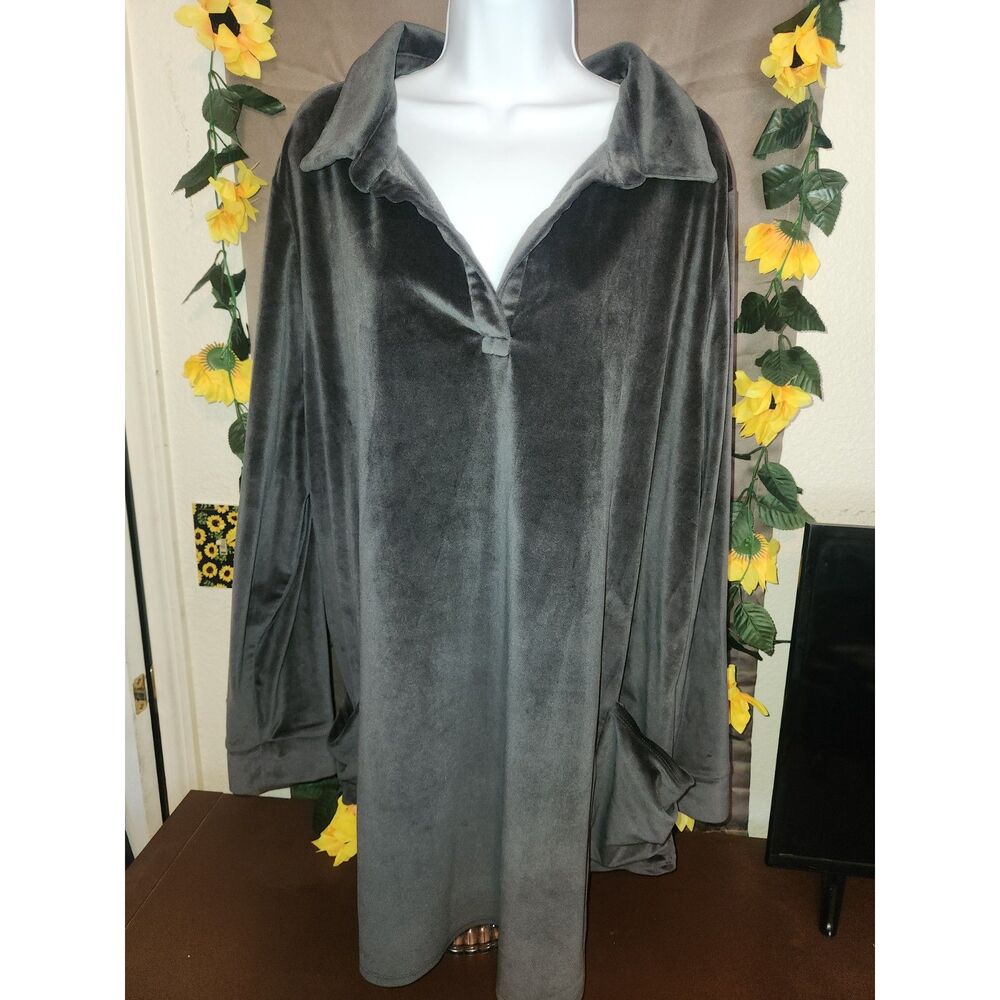 Soft Surroundings 3X Charcoal Gray Velour Plush Collared Tunic Pullover Top